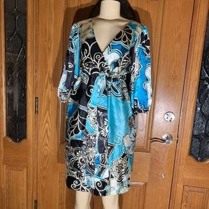 Cache Womans Wrap Dress Blue Black Floral Silk SZ4